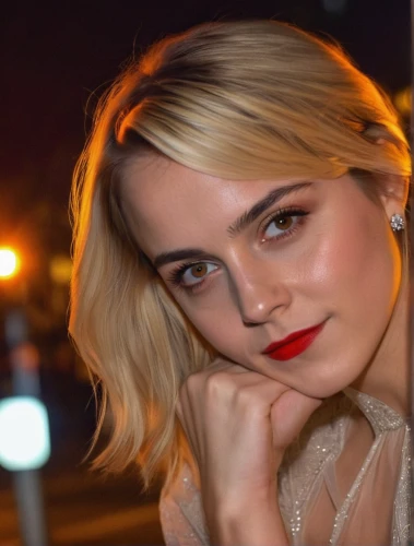 photo session at night,pixie-bob,short blond hair,romantic look,paloma,pixie,cruella,background bokeh,on a red background,orla,red lips,blonde woman,portrait background,red lipstick,greta oto,night photo,lena,red background,pixie cut,angel face,Photography,General,Realistic