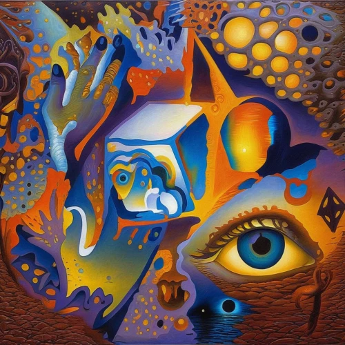 psychedelic art,cosmic eye,dali,oil on canvas,all seeing eye,ojos azules,kaleidoscope,oil painting on canvas,abstract eye,third eye,dimensional,escher,surrealism,el salvador dali,eye,acid,fractals art,kaleidoscope art,masquerade,khamsa,Illustration,Realistic Fantasy,Realistic Fantasy 03