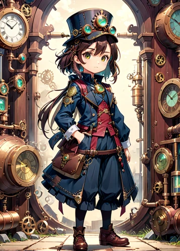 steampunk,clockmaker,hatter,akko,watchmaker,steampunk gears,adventurer,admiral von tromp,violet evergarden,military officer,musketeer,game illustration,key-hole captain,admiral,portrait background,merlin,pinocchio,pirate,protected cruiser,officer,Anime,Anime,Traditional