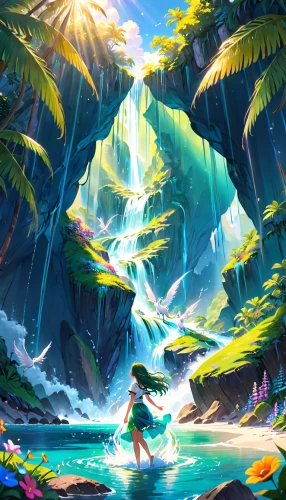 mermaid background,summer background,emerald sea,tropical sea,ocean paradise,fantasy landscape,underwater oasis,tropical island,landscape background,isle,tropics,waterfall,lagoon,underwater background,diamond lagoon,ocean background,background screen,water fall,tropical bloom,island,Anime,Anime,Realistic