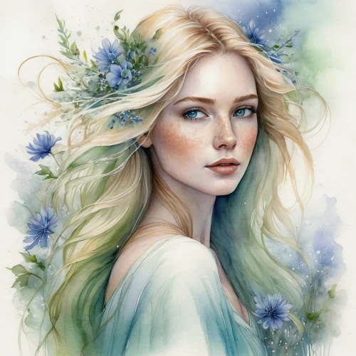 faery,faerie,fantasy portrait,elven flower,flower fairy,white rose snow queen,fairy queen,watercolor blue,blue rose,dryad,flora,jessamine,blue moon rose,watercolor pencils,mystical portrait of a girl,blue hydrangea,elsa,flower painting,boho art,blooming wreath,Conceptual Art,Daily,Daily 32