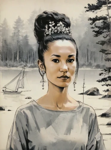 khokhloma painting,vietnamese woman,asian woman,oil on canvas,oil painting on canvas,japanese woman,frida,girl in a historic way,bjork,portrait of a girl,mulan,geisha,indigenous painting,oil painting,girl on the river,audrey,motsunabe,vintage asian,girl portrait,artist portrait