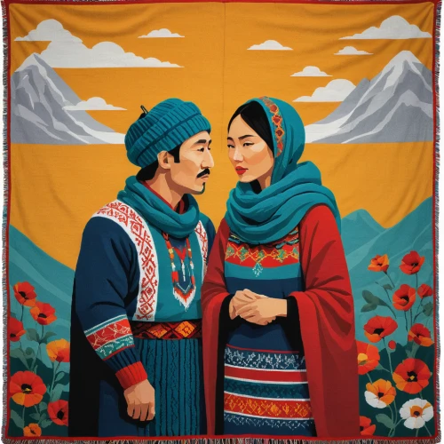 kyrgyz,kyrgyzstan som,kyrgyzstan,kazakhstan,bhutan,khokhloma painting,azerbaijan azn,xinjiang,tajikistan,young couple,taklamakan,mongolia,novruz,uzbekistan,traditional costume,folk costumes,tibetan,azerbaijan,mongolian tugrik,khlui,Illustration,Vector,Vector 08