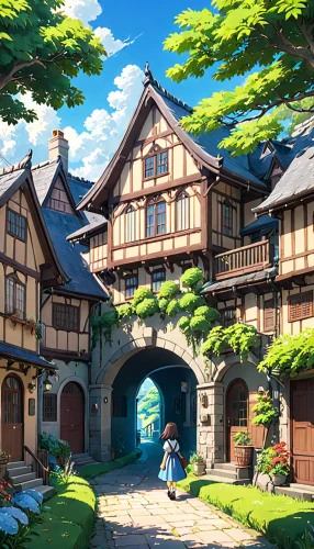 studio ghibli,knight village,alpine village,wooden houses,aurora village,medieval architecture,crooked house,tavern,beautiful buildings,fairy tale castle,medieval town,escher village,mountain village,treasure house,wooden house,mountain settlement,fantasy world,violet evergarden,beautiful home,country estate,Anime,Anime,Traditional