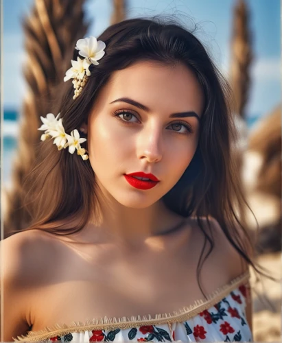 beautiful girl with flowers,beach background,floral background,flower background,girl in flowers,white floral background,colorful floral,tropical floral background,romantic look,vintage floral,natural cosmetic,floral,portrait background,beautiful young woman,seaside daisy,sunflower lace background,hula,vintage makeup,romantic portrait,moana,Photography,General,Realistic