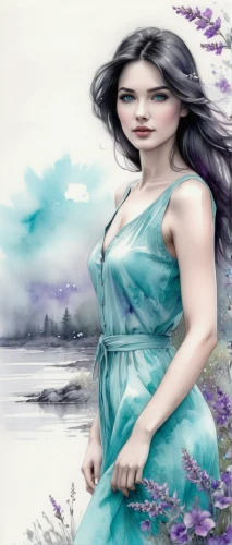 celtic woman,watercolor women accessory,mermaid background,fantasy picture,faery,landscape background,fantasy art,image manipulation,faerie,horoscope libra,watercolor background,world digital painting,fairy tale character,springtime background,the zodiac sign pisces,celtic queen,girl on the river,blue enchantress,spring background,fantasy woman,Illustration,Black and White,Black and White 30
