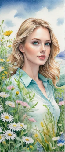 girl in flowers,cd cover,meadow in pastel,the blonde in the river,landscape background,mayweed,portrait background,jessamine,girl in the garden,flower painting,colored pencil background,springtime background,girl picking flowers,oil painting on canvas,blue jasmine,free land-rose,blonde woman,oil painting,heath aster,beautiful girl with flowers,Conceptual Art,Daily,Daily 17