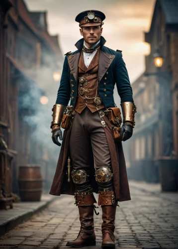 town crier,steampunk,musketeer,pirate,tower flintlock,gunfighter,thames trader,haighlander,frock coat,gunsmith,merchant,naval officer,cravat,east indiaman,military officer,male character,grenadier,cordwainer,admiral von tromp,key-hole captain,Photography,General,Cinematic