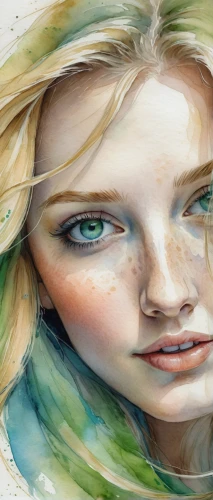 watercolor women accessory,world digital painting,faery,fantasy portrait,mystical portrait of a girl,dryad,jessamine,photo painting,glass painting,faerie,watercolor paint strokes,fae,art painting,illustrator,fantasy art,watercolor pencils,watercolor paint,elven,women's eyes,watercolor painting,Illustration,Realistic Fantasy,Realistic Fantasy 30