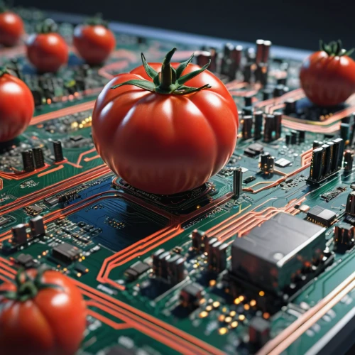 food processing,microcontroller,integrated fruit,agricultural engineering,printed circuit board,green tomatoe,circuit board,integrated circuit,electronic engineering,raspberry pi,electronic component,roma tomatoes,vegetables landscape,red tomato,tomatoes,electronic market,red bell peppers,tomatos,information technology,electronic signage,Photography,General,Sci-Fi