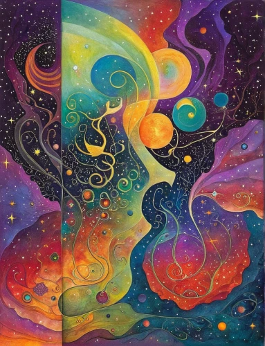 colorful stars,rainbow waves,galaxy collision,psychedelic art,swirls,galaxy,nebula,colorful spiral,nebula 3,dimensional,cosmic flower,universe,psychedelic,cosmic,swirling,yinyang,lsd,harmony of color,inner space,space art,Illustration,Realistic Fantasy,Realistic Fantasy 05