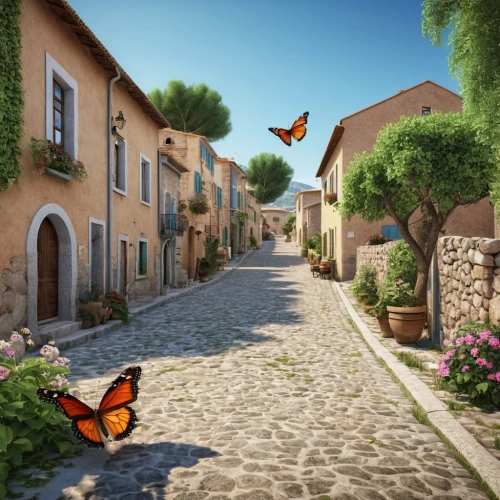 provence,french butterfly,hesperia (butterfly),medieval street,the cobbled streets,provencal life,terracotta tiles,houses clipart,narrow street,village street,tuscan,3d rendered,south france,viceroy (butterfly),3d rendering,cobblestone,digital compositing,orange butterfly,dubrovnic,terracotta,Photography,General,Realistic