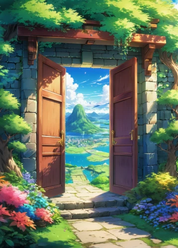 garden door,wooden door,backgrounds,gate,doorway,farm gate,background with stones,violet evergarden,gateway,studio ghibli,door,springtime background,open door,meteora,wood gate,blue door,spring background,old door,scenery,heaven gate,Illustration,Japanese style,Japanese Style 03