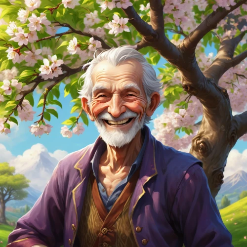 portrait background,spring background,japanese sakura background,elderly man,cheery-blossom,springtime background,grandpa,grandfather,farmer in the woods,bunches of rowan,cg artwork,french digital background,old man,blossoming apple tree,game illustration,linden blossom,holding flowers,farmer,the old man,pensioner,Conceptual Art,Fantasy,Fantasy 31