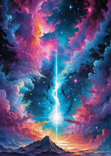 space art,the pillar of light,celestial,vast,meteor,fantasy landscape,galaxy collision,ascension,galaxy,unicorn background,sky,dimensional,cosmos,star sky,supernova,universe,immenhausen,nebula,stratovolcano,scene cosmic,Illustration,Japanese style,Japanese Style 04