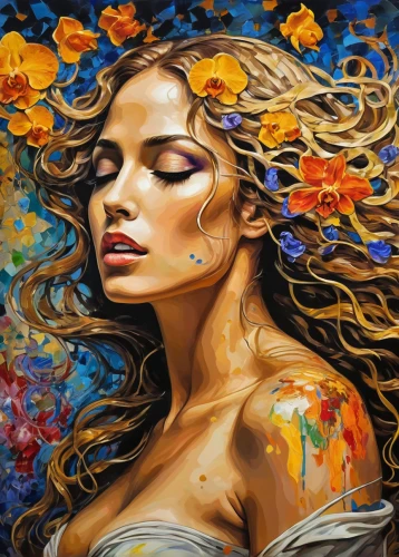 girl in flowers,boho art,art painting,psychedelic art,flower painting,oil painting on canvas,beautiful girl with flowers,meticulous painting,bodypainting,italian painter,flower art,fantasy art,mystical portrait of a girl,body painting,painted lady,splendor of flowers,flower wall en,painter,gypsy soul,flower of passion,Illustration,Realistic Fantasy,Realistic Fantasy 39