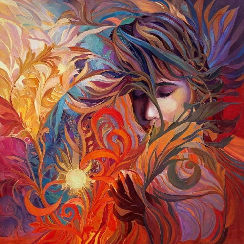 passion bloom,psychedelic art,fire artist,flame spirit,dancing flames,colorful spiral,aura,flora,heart flourish,masquerade,kahila garland-lily,swirling,flame flower,unfolding,boho art,harmony of color,oil painting on canvas,fire flower,colorful tree of life,synthesis,Conceptual Art,Fantasy,Fantasy 18