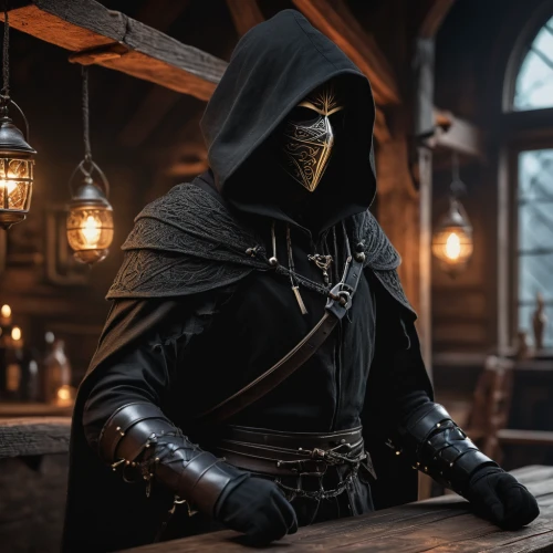 hooded man,assassin,massively multiplayer online role-playing game,dodge warlock,assassins,hooded,grim reaper,merchant,apothecary,bandit theft,raven rook,doctor doom,cosplay image,magistrate,cloak,kadala,candlemaker,dark cabinetry,awesome arrow,masked man,Photography,General,Fantasy