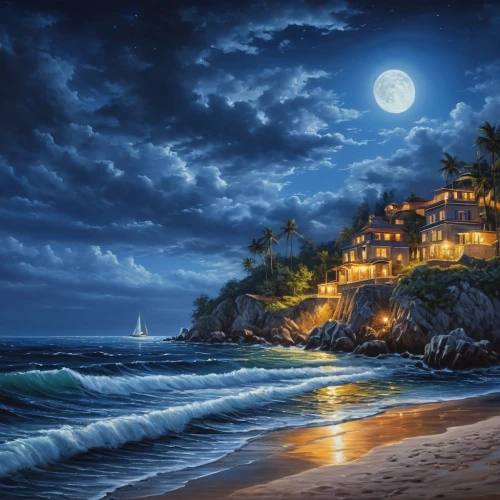 moonlit night,fantasy picture,seaside resort,world digital painting,fantasy landscape,sea landscape,coastal landscape,fantasy art,moonlit,beach landscape,night scene,sea night,moonlight,beach moonflower,house of the sea,landscape background,home landscape,ocean view,romantic night,sea-shore