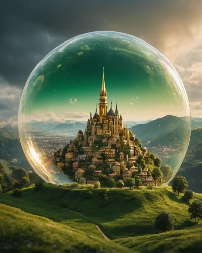 crystal ball-photography,crystal ball,fantasy picture,fantasy world,3d fantasy,glass sphere,waterglobe,quarantine bubble,fantasy landscape,giant soap bubble,green bubbles,dream world,fantasy art,lensball,magical adventure,world digital painting,fantasy city,fairy world,parallel worlds,glass ball,Photography,General,Fantasy