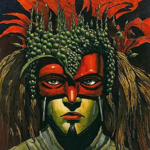 red chief,headdress,indian headdress,tribal chief,crocodile woman,shamanic,feather headdress,the american indian,indigenous painting,war bonnet,shamanism,pachamama,shaman,aztecs,crown-of-thorns,theyyam,american indian,darth talon,indigenous,aztec,Illustration,Realistic Fantasy,Realistic Fantasy 06