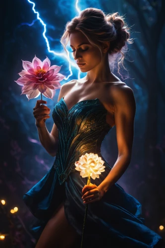 fantasy picture,rosa 'the fairy,elven flower,flower fairy,fantasy art,blue rose,holding flowers,fantasy portrait,faerie,rosa ' the fairy,the enchantress,blue enchantress,mystical portrait of a girl,sorceress,rose flower illustration,romantic rose,faery,world digital painting,flower girl,moonflower,Photography,General,Fantasy