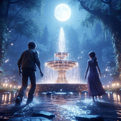 the park at night,moonlight,mozart fountain,fountains,neptune fountain,the moon and the stars,moon walk,fairytale,city fountain,cg artwork,fountain of friendship of peoples,magical,romantic scene,fountain,a fairy tale,dream world,moor fountain,fountain pond,enchanted,fountain of the moor