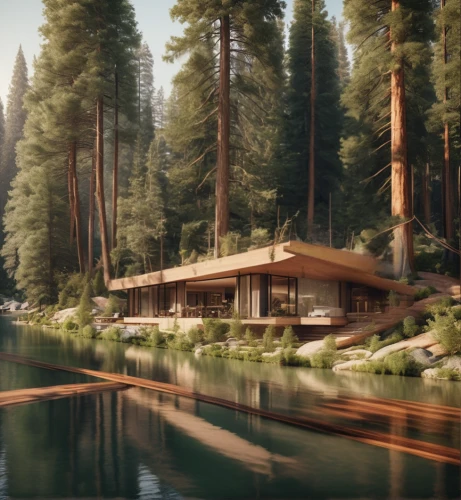house in the forest,house with lake,house by the water,mid century house,the cabin in the mountains,summer cottage,eco hotel,boathouse,render,log cabin,timber house,log home,houseboat,boat house,idyllic,house in the mountains,floating huts,river pines,mid century modern,lodge