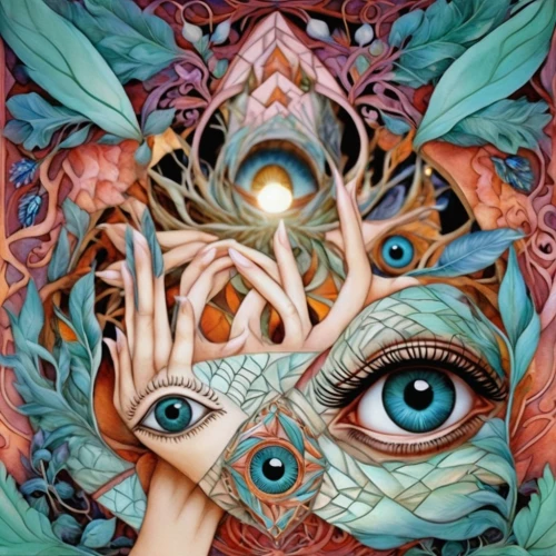 third eye,psychedelic art,all seeing eye,cosmic eye,shamanic,mirror of souls,shamanism,esoteric,meridians,mysticism,symbiotic,polarity,hallucinogenic,kaleidoscope,fractals art,peacock eye,divination,astral traveler,duality,psychedelic,Illustration,Realistic Fantasy,Realistic Fantasy 02