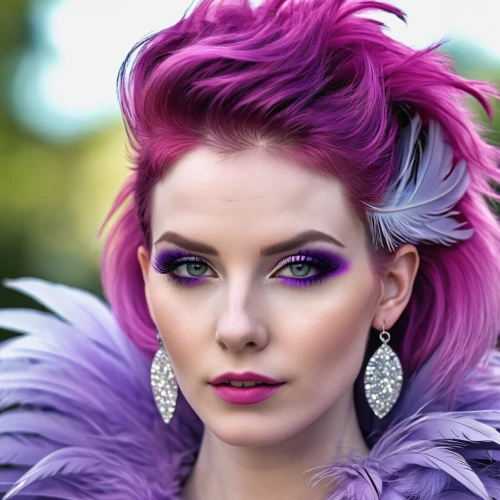 feathered hair,purple and pink,color feathers,purple thistle,fairy peacock,feather jewelry,purple,violet head elf,peacock eye,feather headdress,wing purple,pink-purple,peacock,purple lilac,vibrant color,lilac,violet colour,vintage makeup,rich purple,feather boa,Photography,General,Realistic
