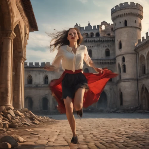 leap for joy,sprint woman,red tunic,girl in a historic way,flying girl,man in red dress,puy du fou,to dance,free running,dance,digital compositing,castles,leaping,red cape,gracefulness,little girl running,fairy tale castle sigmaringen,little girl in wind,red skirt,to run,Photography,General,Natural