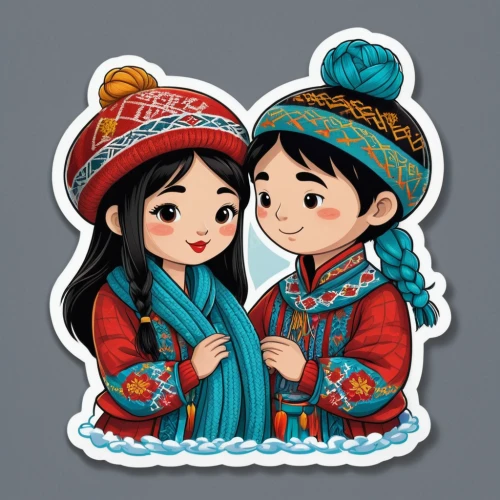 kyrgyz,hulunbuir,folk costumes,russian folk style,christmas stickers,turpan,kyrgyzstan som,sewing pattern girls,xinjiang,qinghai,clipart sticker,inner mongolian beauty,khlui,azerbaijan azn,cute cartoon image,fairy tale icons,kazakhstan,inner mongolia,heart clipart,in xinjiang,Unique,Design,Sticker