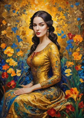 girl in flowers,yellow rose background,golden flowers,mary-gold,beautiful girl with flowers,girl in the garden,gold yellow rose,splendor of flowers,mystical portrait of a girl,flower painting,yellow roses,oil painting on canvas,fantasy portrait,mona lisa,yellow rose,vietnamese woman,persian poet,the garden marigold,portrait of a girl,art painting,Illustration,Realistic Fantasy,Realistic Fantasy 39