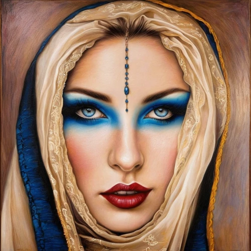 oil painting on canvas,arabian,muslim woman,fantasy art,woman face,priestess,orientalism,argan,cleopatra,oil painting,fantasy portrait,arab,muslima,madonna,woman's face,art painting,islamic girl,blue enchantress,hijab,ancient egyptian girl,Illustration,Realistic Fantasy,Realistic Fantasy 10