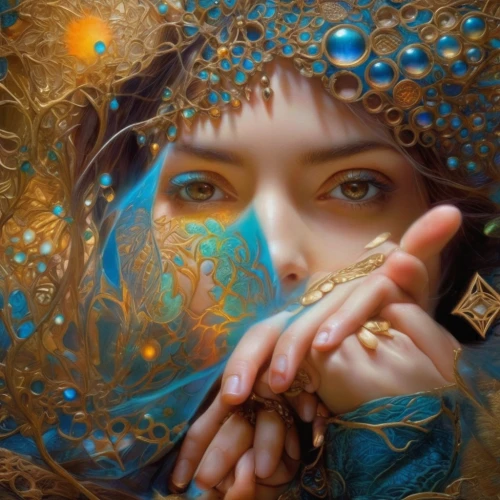 mystical portrait of a girl,fantasy portrait,fantasy art,gold leaf,fractals art,amano,gold filigree,faery,golden wreath,mary-gold,gold foil mermaid,gold foil art,mirror of souls,the enchantress,boho art,golden heart,faerie,gilding,blue enchantress,oil painting on canvas,Conceptual Art,Fantasy,Fantasy 05