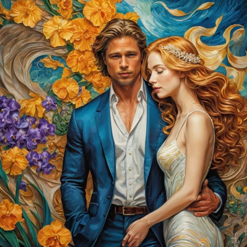 romantic portrait,oil painting on canvas,young couple,passion bloom,blue rose,romance novel,robert harbeck,way of the roses,beautiful couple,fantasy art,oil painting,flower of passion,yellow rose background,with roses,fantasy picture,art painting,oil on canvas,secret garden of venus,yellow rose,garden of eden