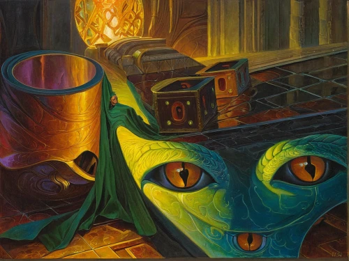 cauldron,masquerade,still life with onions,oil on canvas,oil painting on canvas,islamic lamps,chamber,night scene,masks,the annunciation,lanterns,still-life,masque,druids,shabbat candles,smouldering torches,column of dice,surrealism,oils,candy cauldron,Illustration,Realistic Fantasy,Realistic Fantasy 03