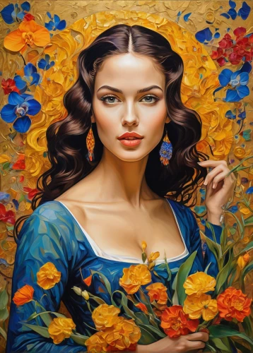 girl in flowers,beautiful girl with flowers,oil painting on canvas,splendor of flowers,flower painting,art painting,oil painting,italian painter,young woman,girl in a wreath,romantic portrait,flower art,girl in the garden,fantasy art,mystical portrait of a girl,meticulous painting,wreath of flowers,blue rose,the garden marigold,portrait of a girl,Illustration,Realistic Fantasy,Realistic Fantasy 39