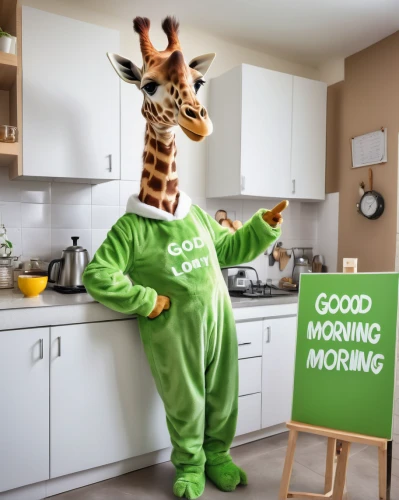 green animals,onesie,landmannahellir,giraffidae,morning grove,patrol,cleaning service,make the day great,onesies,in the morning,pjs,housekeeping,anthropomorphized animals,funny animals,mascot,template greeting,coffeetogo,green living,kids room,morning