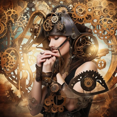 steampunk gears,steampunk,clockmaker,watchmaker,cog,mechanical,girl with a wheel,gears,cogs,clockwork,mechanical puzzle,biomechanical,fantasy portrait,mechanical fan,fantasy art,the enchantress,switchboard operator,antiquariat,coffee wheel,mechanic,Conceptual Art,Fantasy,Fantasy 25