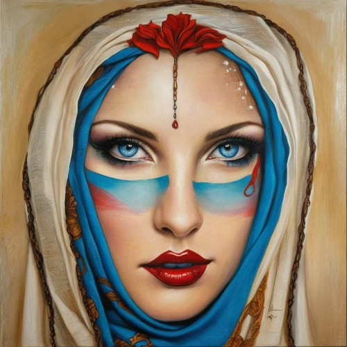 oil painting on canvas,orientalism,headscarf,muslim woman,woman face,boho art,art painting,indian art,indian woman,muslima,italian painter,oil painting,woman's face,islamic girl,mystical portrait of a girl,hijab,turban,indian headdress,iranian,radha,Illustration,Realistic Fantasy,Realistic Fantasy 10