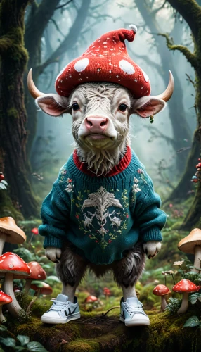 scandia gnome,gnome,mushroom hat,anthropomorphized animals,hummel,scandia gnomes,lingzhi mushroom,forest animal,forest mushroom,mushroom landscape,toadstool,toadstools,goatflower,gnomes,club mushroom,dwarf sheep,ox,wool sheep,whimsical animals,agaric,Photography,General,Fantasy