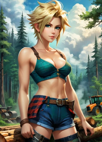 lumberjack,lumberjack pattern,female warrior,heidi country,tiber riven,pixie-bob,farmer in the woods,farm girl,countrygirl,massively multiplayer online role-playing game,game illustration,croft,forest background,wood background,tartan background,action-adventure game,wood chopping,landscape background,hard woman,game art,Illustration,Realistic Fantasy,Realistic Fantasy 01