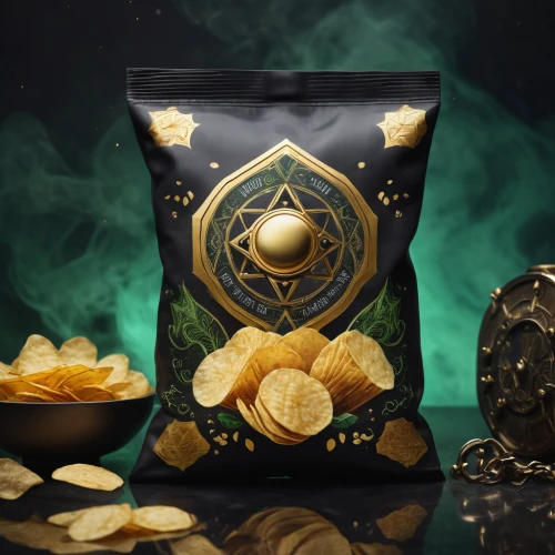 a bag of gold,potato crisps,golden lotus flowers,crisps,potato chips,constellation pyxis,mystic light food photography,pirate treasure,gold foil shapes,rupees,yukon gold potato,packshot,chips,crown chocolates,goldenberry,almendron,product photography,colombidés,magic grimoire,copper rich food,Photography,General,Cinematic