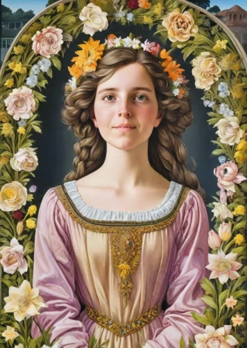 girl in flowers,girl in a wreath,girl picking flowers,portrait of a girl,saint therese of lisieux,girl in the garden,flower crown of christ,beautiful girl with flowers,mary-gold,flower girl,burgos-rosa de lima,wreath of flowers,aubrietien,baroque angel,cepora judith,floral wreath,girl in a historic way,girl with bread-and-butter,marguerite,mystical portrait of a girl