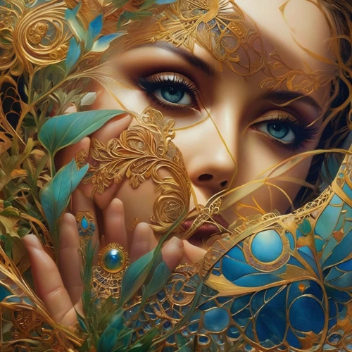 gold filigree,gold leaf,golden wreath,fantasy art,mystical portrait of a girl,golden eyes,gold foil art,fractals art,faery,dryad,golden heart,oil painting on canvas,gold foil mermaid,filigree,gold paint strokes,gold paint stroke,fantasy portrait,golden mask,mary-gold,faerie,Conceptual Art,Fantasy,Fantasy 05