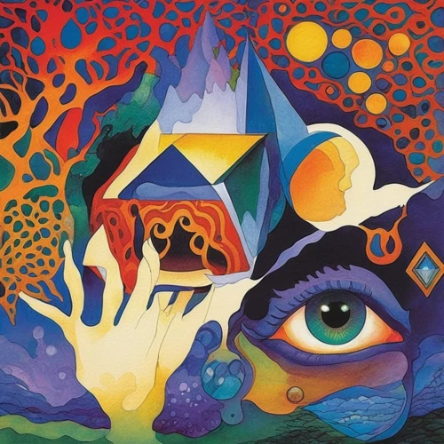 psychedelic art,third eye,all seeing eye,shamanism,cosmic eye,braque d'auvergne,khamsa,global oneness,braque francais,magic hat,shamanic,facets,el salvador dali,mysticism,shirakami-sanchi,oil painting on canvas,hallucinogenic,surrealism,cd cover,oil on canvas,Illustration,Realistic Fantasy,Realistic Fantasy 04