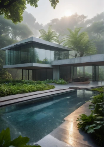 modern house,modern architecture,tropical house,pool house,morning mist,landscape design sydney,luxury property,luxury home,dunes house,beautiful home,landscape designers sydney,tropical greens,mid century house,futuristic architecture,foggy landscape,tropical jungle,house in the forest,house by the water,private house,3d rendering