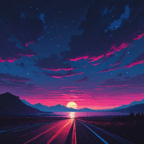 night highway,open road,highway,the road,alpine drive,mountain road,mountain highway,long road,roads,highway lights,dusk,road,road to nowhere,pink dawn,empty road,road forgotten,futuristic landscape,night glow,alpine sunset,would a background,Conceptual Art,Fantasy,Fantasy 32