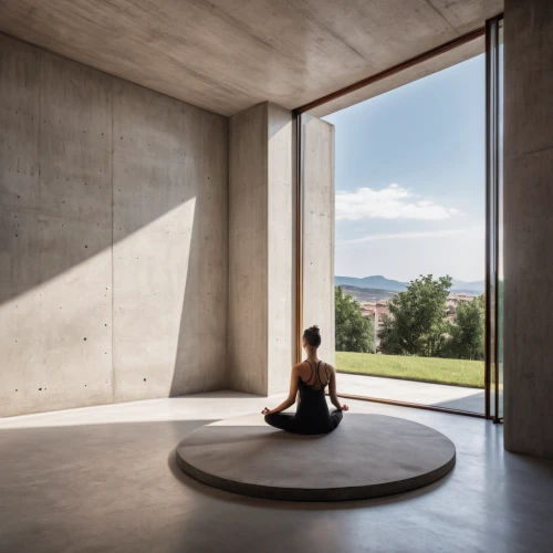 archidaily,corten steel,lotus position,vipassana,dialogue window,daylighting,exposed concrete,cubic house,concrete ceiling,meditation,concrete construction,modern room,woman sitting,chaise longue,seating furniture,vitrine,klaus rinke's time field,round house,concrete slabs,zen stones,Photography,General,Realistic